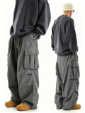 Riolio  Men Big Pocket Cargo Pants Elastic Drawstring Waist Loose Wide Leg Streetwear Casual Work Trousers