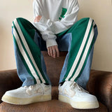 Riolio  Mens Y2K Tracksuits Denim Drawstring Casual Pants Street Straight Pants Unisex Fashion Stitching Contrast Jeans Hip-Hop Trousers