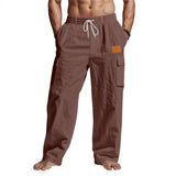 Riolio  Men's Linen Cotton Cargo Pants Drawstring Waist Wide Leg Casual Summer Beach Trousers with Pockets