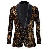 Riolio Mens Luxury Gold Velvet Sequins Floral Pattern Suit Jacket Blazer Shawl Collar Stylish Blazers Men Wedding Party Stage Costumes