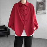 Riolio Men's Dial Buckle Solid Long Sleeve Shirt Chic Pleated Decor 2024 Spring New Loose Casual Traditional Chinese Style Clothing