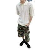 Riolio  Men's Clothing Short Sleeve Blue Summer Collared Solid Color Designer Premium Feel Cutout Casual Knit Shirt New Arrival