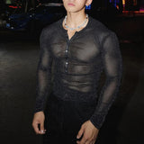 Riolio  Mens T-Shirts Shiny Glitter Sexy See-Through T-Shirts Streetwear Nightclub Stage Performance Fashion Long-Sleeve Tops Men'S Wear