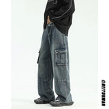 Riolio High quality Wide Leg jeans men Big Pocket Overalls Patchwork Men Unisex Neutral Loose Straight Casual High Street Hip Hop Jeans