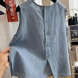 Riolio Cotton and Linen Round Neck Summer Thin Loose Literary Versatile Shirt Sleeveless Top Small Vest