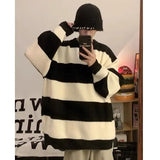 Riolio Korean style patchwork striped sweater for men in autumn and winter lazy loose knitted sweater round neck retro trendy sweater