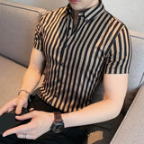 Riolio  Men's Stripe Short Sleeve Shirt Summer Korean Slim Fit British Style Casual Designer Half Sleeve Shirt