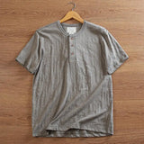 Riolio Bamboo Joint Cotton Shirt Breathable Henry Neck Tough Guy Casual Short-sleeved T-shirt Men's Summer Sports Retro Top