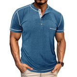 Riolio  Men's Grey Henley Neck Short Sleeve T-Shirt with Contrast Stitching Chest Pocket Casual Muscle Fit Top