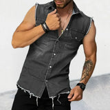 Riolio Spring/Summer New Men's Denim T-shirt With Lapel, Sleeveless Cardigan, Single Breasted Top Pocket, Blue Distressed, Washed,