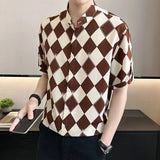 Riolio  High-end Diamond Plaid Shirt for Men's Short-sleeved Handsome New Ice Silk