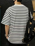 Riolio  New Striped Summer Loose American Trendy T Shirt Round Neck Casual Short Sleeve Top for Men