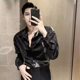 Riolio  Men's Shirts Autumn Long-sleeved Liquid Metal Changeable Shiny Buttons Shirt Fashion Women Turndown Collar Single-breasted Tops