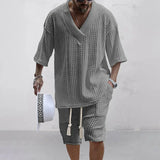Riolio 2024 Summer Casual Shorts Set Knitted Two Piece Men's Clothing V-Neck Short Sleeve T-shirt and Shorts Streetwear Knit Outfits