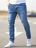 Riolio  Men's American Retro Hole-Punched Stretch Slim Fit Jeans Zipper Casual Streetwear Denim Pants Classic Black Blue Skinny Trousers