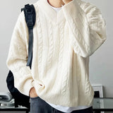 Riolio  New American Retro Men Jacquarded Sweater Casual V Neck Solid Color Long Sleeve Knitwear Premium Quality Knitted Pullovers M-2XL