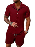 Riolio Spring And Summer New Sports Men's Polo Casual Solid Color Loose Short-sleeved Drawstring Shorts Cardigan Striped Sports Suit