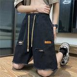 Riolio  Mens Distressed Denim Shorts Elastic Waist Drawstring Frayed Hem High Street Trendy Casual Fashion Street Style Urban Hip Hop