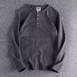 Riolio Henry Neck Long-sleeved T-shirt Men's Autumn Winter Solid Color Vintage Top Loose American Retro Casual Bottoming Shirt