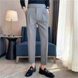Riolio British Style Men High Waist Casual Dress Pant Men Belt Design Slim Trousers Formal Office Social Wedding Party Dress Suit Pants