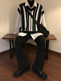Riolio Knitted Sweaters for Men Y2k Vintage Waistcoat Man Clothes Striped Sleeveless Vest Aesthetic Black Korean Fashion Casual Cotton