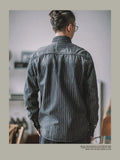 Riolio Retro Vertical Striped Denim Shirt Heavy American Casual Vintage Workwear Clothes Washing Old Pockets Long-sleeve Shirt