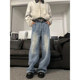 Riolio Jeans Men Loose Wide Leg Trousers Unisex low-rise jean Men's Denim Pants Old Blue Washed Male Jeans Straight Patchwork mop pants