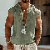 Riolio  Summer Cotton Linen Sleeveless Hooded Shirt For Men Loose Casual Solid Breathable Pullover Tops Men's Tassel Decoration Tank Top