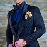 Riolio  Navy blue Men's Suit Jacquard Jacket Pant Vest 3-Piece Set Formal Wedding Groom's Tuxedo Fashion Blazer Elegant Men Suit