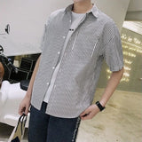 Riolio  Men Summer Short Sleeve Casual Shirt Loose Fit Korean Style Striped Hong Kong Fashion Shirt Jacket for Daily Outdoor Wear