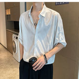 Riolio  Spring Autumn Men's Clothing Solid Color Chiffon Button Up Long Sleeve Turn-down Collar Cardigan Shirt Boyfriend Trendy Tops