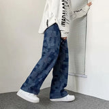 Riolio Autumn Blue Black Plaid Jeans For Men Y2K Vintage Wide-leg Jean High Street Loose Straight Denim Trousers Hip Hop Pantalones