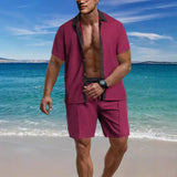 Riolio  Summer Fashion Men Sets Waffle Splicing Color Outfits Short Sleeve Shirt And Shorts Trend Two Pieces Sets Men Casual Loose Suit