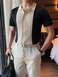 Riolio  Summer Casual Slim Short Sleeve Polos Mens Shirt Fashion Knitted Striped Patchwork Shirts Men Turndown Collar Buttoned Tops