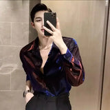 Riolio  Men's Shirts Autumn Long-sleeved Liquid Metal Changeable Shiny Buttons Shirt Fashion Women Turndown Collar Single-breasted Tops