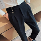 Riolio Spring Autumn Men High Waist Belt Design Casual Slim Formal Dress Pant Men Social Office Wedding Party Dress Suit Pants