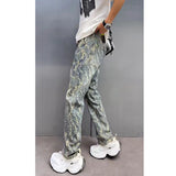 Riolio  Jacquard Jeans Men New American Style Old Washed Jeans Retro  Fashion Trend Pants Baggy Hip Hop Streetwear slim fit Denim pant