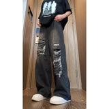 Riolio Beggar jeans men Vintage Streetwear Ripped Hole Jeans Men Women Harajuku Aesthetic Wide Leg Denim Trousers Unisex Straight Pants