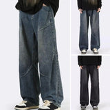 Riolio Men Spring Denim Pants Mid-rise Pockets Draped Casual Trousers Hip Hop Style Stitching Design Straight Wide Leg Washed Jeans