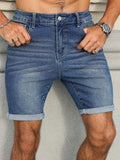 Riolio  Men's slim-fit blue denim shorts with cuffed hem, blending casual and trendy styles into a versatile and fashionable piece