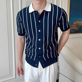Riolio  Summer Daily Casual Mens Slim Shirts Knitted Short Sleeve Buttoned Lapel Knit Shirt Men Clothes Fashion Knitting Cardigans