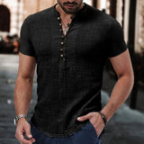 Riolio New Men's Short Sleeve Tshirt V neck button Cotton Linen Shirt Men's Casual Clothes Popular Tops for Men