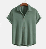 Riolio Summer Men's Short Sleeve Solid Color Single breasted Casual Loose Beach Shirt