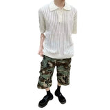 Riolio  Men's Clothing Short Sleeve Blue Summer Collared Solid Color Designer Premium Feel Cutout Casual Knit Shirt New Arrival