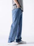 Riolio Spring Autumn Men's Jeans Straight Denim Pants Banding Waist Cotton Streetwear Wide Leg Loose Casual Blue Long Jeans Trousers