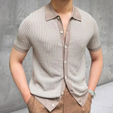 Mens Shirt Short Sleeve Button Turn-down Collar Houndstooth Knit Tops Beach Men Summer Casual Solid Color Tops