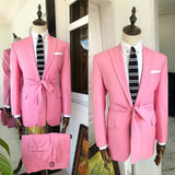 Riolio  Men's Suit 2 Pieces Blazer Pants Peaked Lapel One Button With Belt Pink Groom Appliques Beads Diamonds Tailored Costume Homme