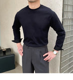 Riolio  New Autumn Fashion Men T-shirt Light Luxury Solid Color Long Sleeve Tops Leisure Streetwear Casual O Neck Basic Shirts M-3XL