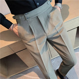 Riolio Spring Autumn Men High Waist Belt Design Casual Slim Formal Dress Pant Men Social Office Wedding Party Dress Suit Pants