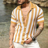 Riolio Knitted Shirts Mens Fashion Hollow Out Breathable Beach Cardigan Shirt Short Sleeve Mens Summer Button Lapel Casual Knit Shirts